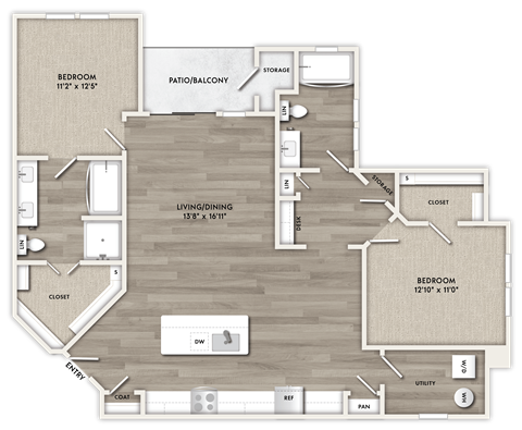 Floor plan for 2 beds, 2 baths, 1324 sqft
